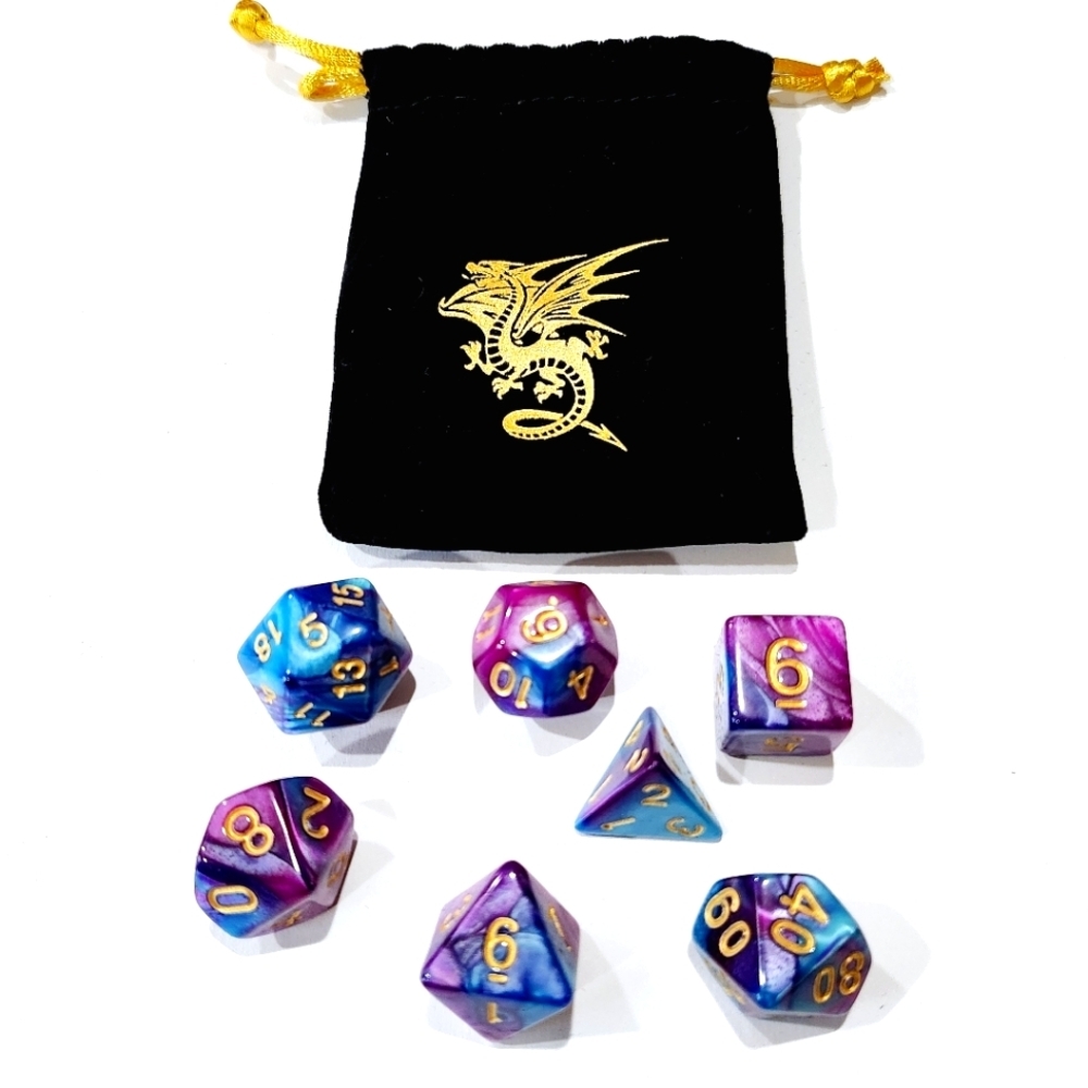 Purple/Blue Marble Dice Set 7 Dice Polyhedral Dungeons & Dragons & Dragon Bag